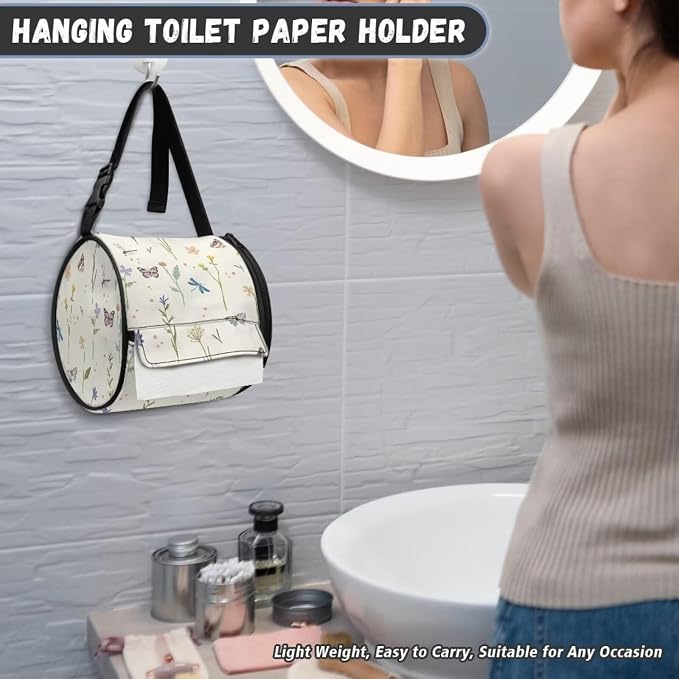 Butterfly Dragonfly Hanging Paper Towel Roll Holder with Adjustable Strap Water Resistant Toilet Tissue Roll Dispenser Handy Toilet Paper Cover Storage Holder