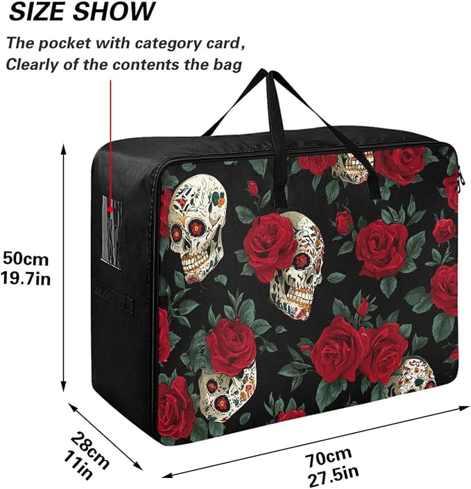 Comforter Storage Bags Large Folding Blanket Organizer Bag with Strong Handles Clear Window Closet Storage Containers for Clothes King Queen Pillows Bedding Quilt Duvet Black Skulls Roses Elega