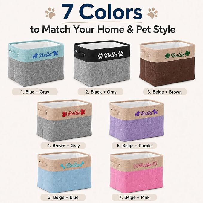 Personalized Dog Toy Storage Basket Bin with Embroidered Name | Customize a pet name and mirrored pet icons on a foldable fabric organizer for toys, leashes, blankets and pet supplies