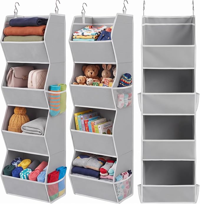 Novabright 2 Pack Hanging Closet Organizer, 4-Shelf Gray Closet Hanging Shelves with Side Mesh Pockets and Metal Hooks, Foldable Fabric Storage Organizer for Clothes, Shoes, Bags, Bedroom, Nursery