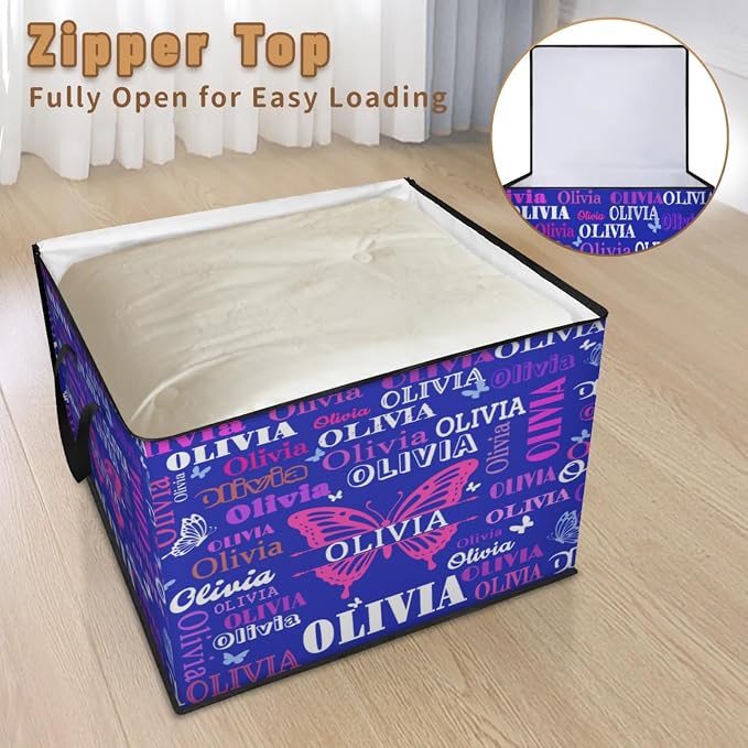 Custom Name Large Clothes Storage Organization with Lids, Kids Toys Bin Shelf Basket, Bedding Clothes Towel Navy Blue Butterflies Storage Bin for Nursery, Gift Basket, Pet Basket