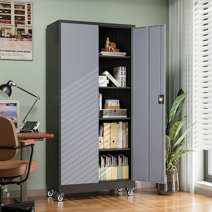 Metal Garage Storage Cabinets with Lock Door and Adjustable Shelves, Steel Tool Cabinets for Home,Office,Warehouse Organisieren (Black Grey, 75" H)