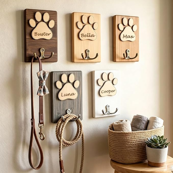 Personalized Wooden Paw Print Pet Leash Holder with Custom Name Engraving – 5 Color Options, Wall-Mounted Dog Collar & Leash Organizer for Entryway, Mudroom or Pet Lover’s Gift