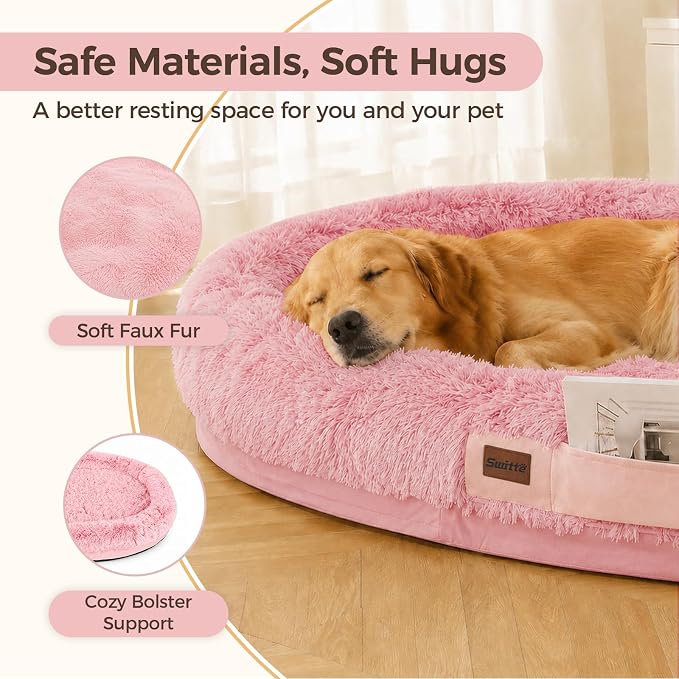 Human Dog Bed for Adult, 71"x48" Large Pet Dog Bed, Pink | Adult Dog Bed for Humans with Pillow & Blanket, Fluffle Cloud Dog Bed with Orthopedic Foam Bolster, Durable Zipper, Portable