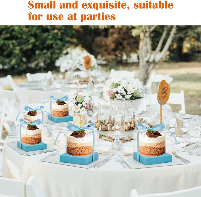 12 PCS Clear Cupcake Boxes 3.5 Inch Cupcake Containers (Blue) | Disposable Cupcake Carrier Plastic Individual Cupcake Storage Holder with Ribbons and Inserts for Wedding, Birthday Party