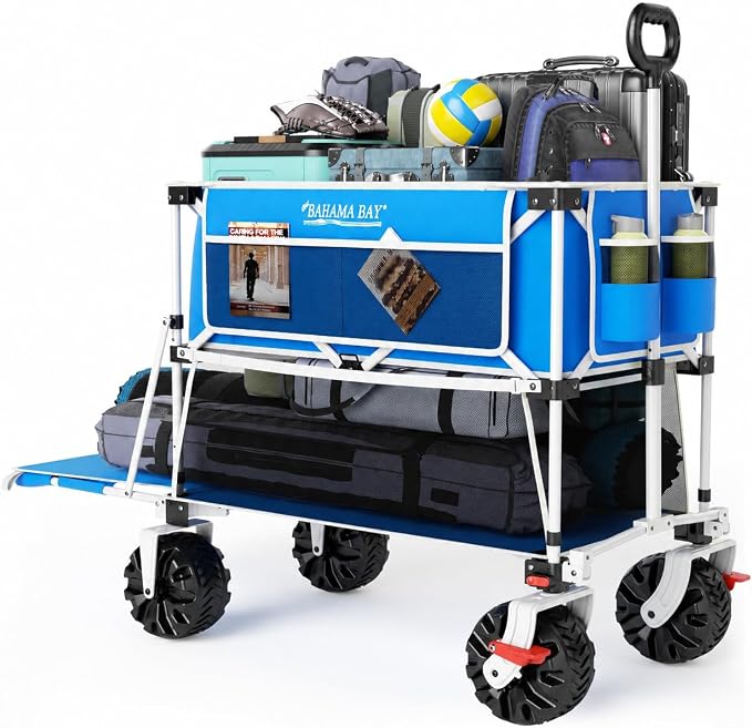 Old Bahama Bay 400L Collapsible Double Decker Beach Wagon with Brakes, Folding Beach Cart with 54" Extra Long Decker, 450LBS Heavy Duty Wagon Chart with All-Terrain Big Wheels for Sand Camping Garden