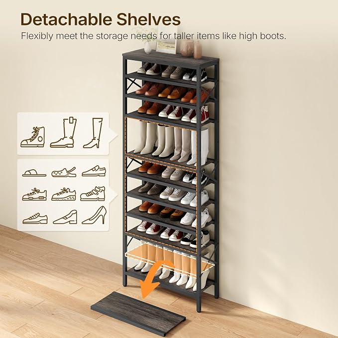 YATINEY Foldable Dog Crate Furniture and 12-Tier Tall Shoe Rack Organizer, Wooden Shoe Storage for Closet Holds 48 Pairs, Sturdy Shoe Shelf with X-Shaped Metal Support, for Entryway DC95BG-SS212BC