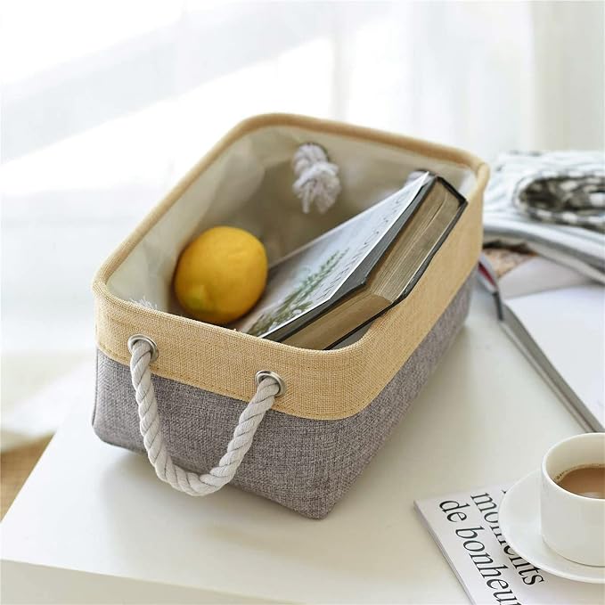 Decorative Basket Rectangular Fabric Storage Bin Organizer Basket with Handles for Clothes Storage (Gold&Grey, Medium-1Pack,13.8L*9.8W*6.7H)