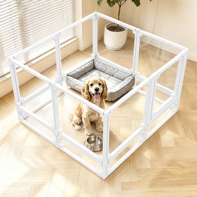 FlexiSpace Adjustable Clear Dog Play Pen, Expandable & Stackable Acrylic Dog Playpen, ONLY Dog Play Pen Indoors Grow with Your Pet Puppy Playpen (White, 34", 8 Panels)