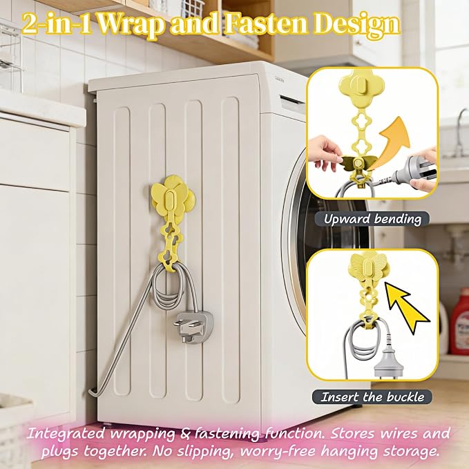 2-in-1 Cord Wrap and Cable Organizer with No-Trace Adhesive, TPR, Set of 3, Pink, Yellow, White, for Kitchen, Bathroom, Living Room