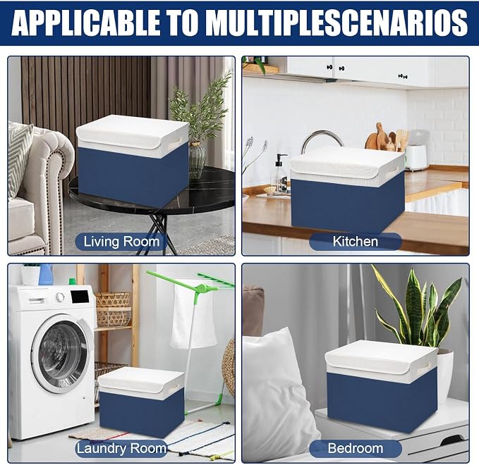 Large 42 Quarts Fabric Storage Bins with Lids [2-Pack] Linen Collapsible Foldable Baskets, Closet Organizer Containers boxes with Handles for Home Office (16.7 x 12 x 12, Navy Blue & White)