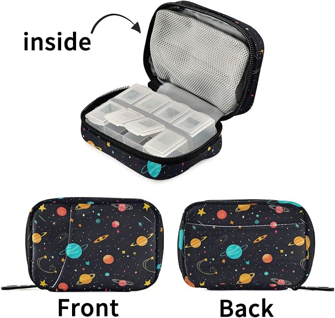 Fustylead Galaxy Constellation Universe Cartoon Flat Pill Organizer and Storage Weekly with Zipper, Removable Pill Box Portable Medicine Organizer for Vitamin Fish Oil Supplement