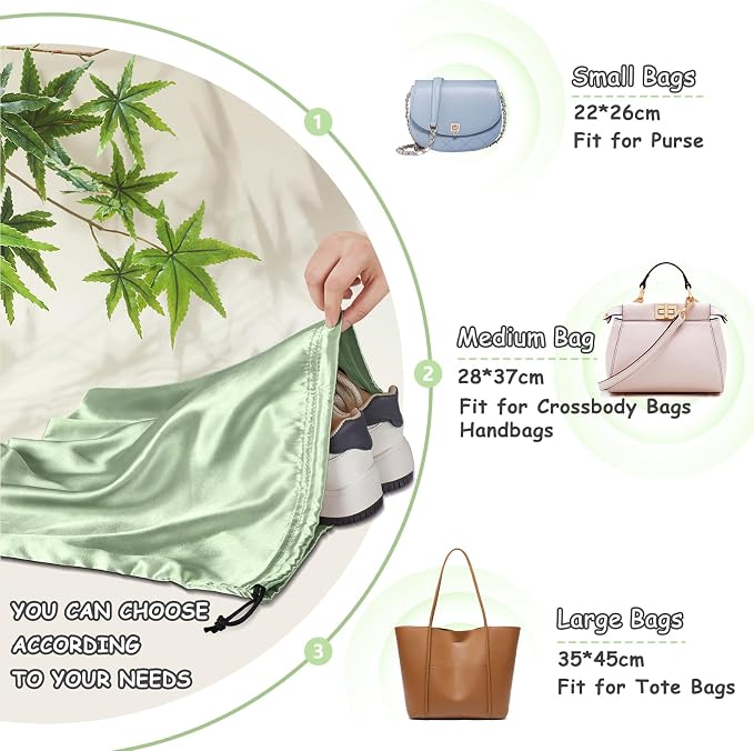 RUDONG M Satin Dust Bags for Handbag, Sage Green, 2 Pack | Silky Dust Cover, Drawstring, For Storage, Travel Pouch