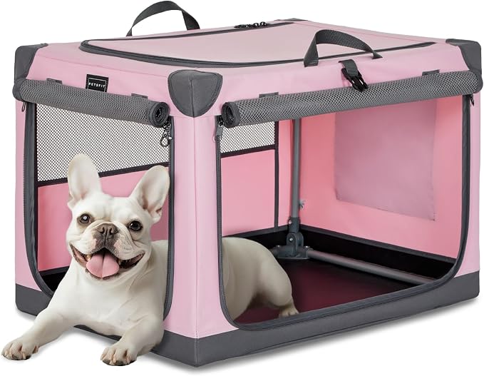 PETSFIT 26" Soft Portable Dog Crate – Patented Spiral Sturdy Frame, Collapsible Travel Kennel for Small Dogs, 3 Mesh Door, Lockable Zippers, Indoor & Car Use Pink
