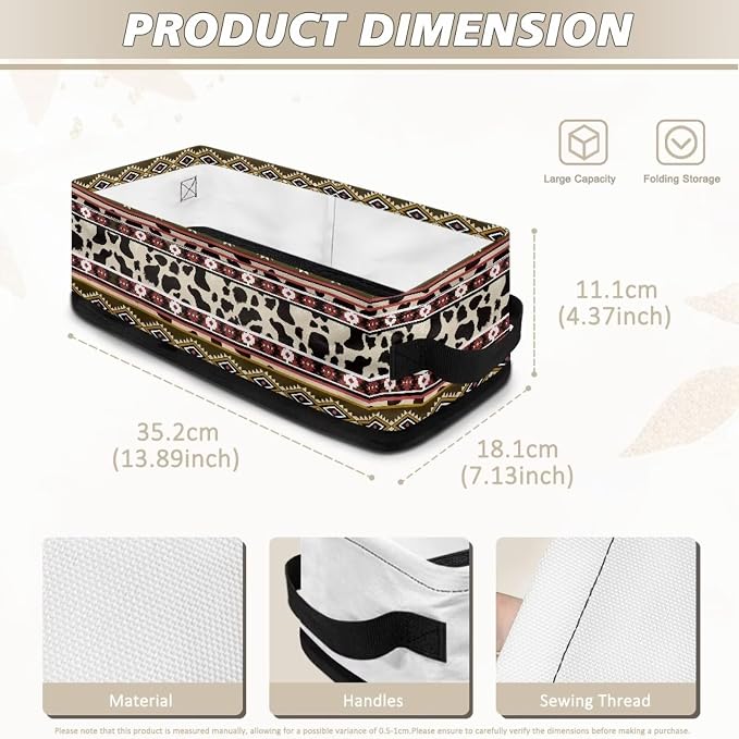 Cow Print Aztec Toilet Tank Topper Papper Basket for Back of Toilet with Handle, Decorative Shelf Bins, Versatile Bathroom Basket Toilet Paper Organizer Bathroom Decor