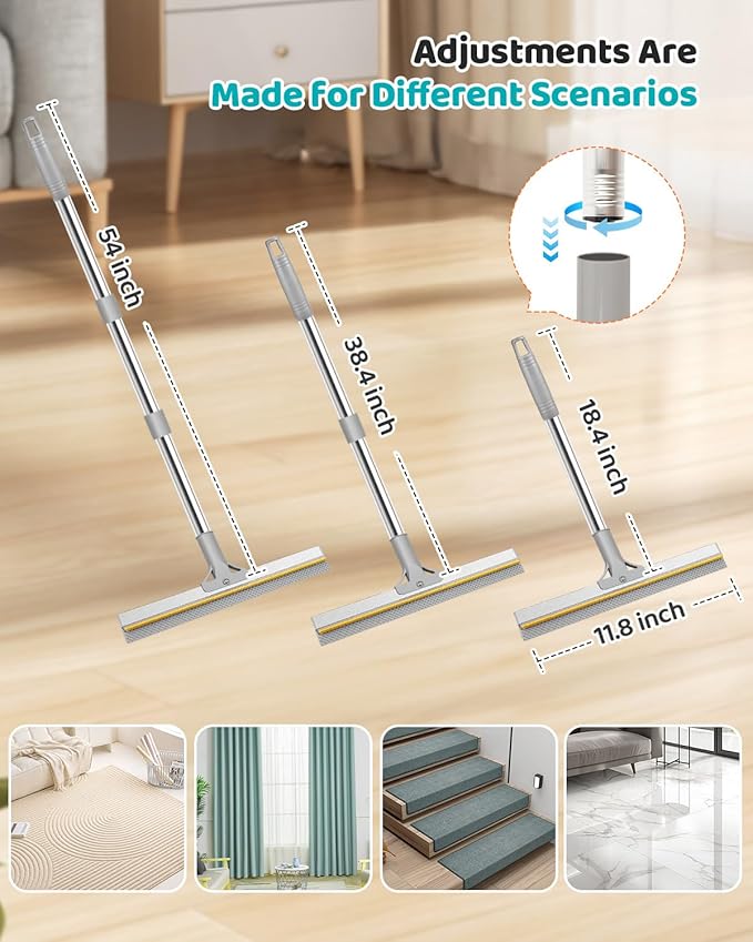 Carpet Rake for Pet Hair Removal, Reusable Pet Hair Remover Tool with 54 Inch Adjustable Long Handle, 3 Piece Carpet Scraper Set with Pet Bath Brush for Rugs, Carpets, Couch and Furniture