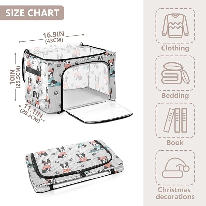 Cute Pets Dog Gray pattern Under Bed Storage Containers with Double Zipper Openings, Foldable Clothes Storage Bins with Clear Window and Handles for Bedding Comforters Blankets