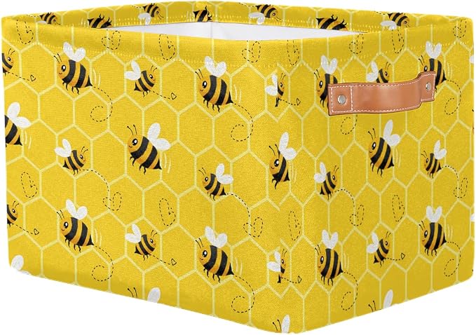 AUUXVA Bee Storage Basket Yellow Honeycomb Beehive Geometric Pattern Storage Cube Box Canvas Collapsible Toy Basket Organizer Bin with Handles for Shelf Closet Bedroom Home Office