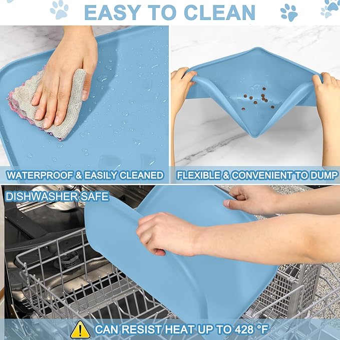 Smilool Silicone Pet Food Mat with Raised Edge for Food and Water Bowl, Dog Feeding Mats, Cat Food Trays for Floor Waterproof, Rubber Tray for Dogs and Cats, 19 x 12 x 0.7 Light Blue