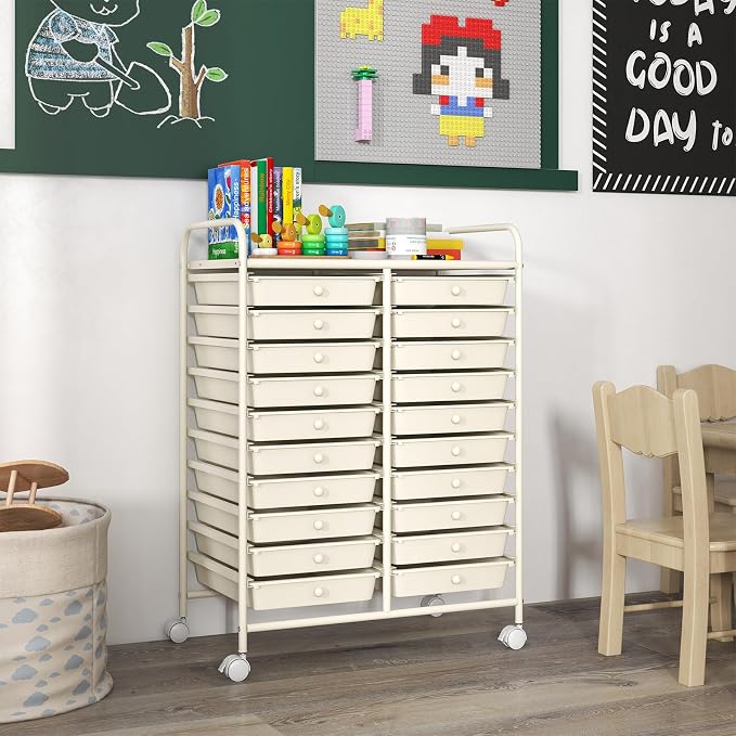 20 Drawer Rolling Storage Cart, Art Cart Organizer with Wheels for Makeup, Tool, Paper, Multipurpose Craft Storage Cart with Drawers for Office, Home, Classroom, School (White)
