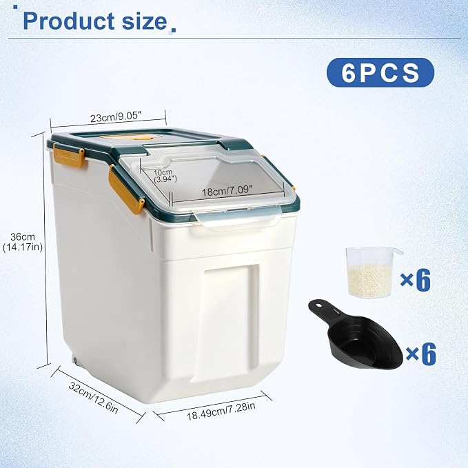 Saim 6Pack 50lb Flour & Rice Storage Container Bin, Dark Blue | BPA free plastic with seal lid, rolling wheels and measuring scoop for rice, flour, cereal and grain one-hand scooping