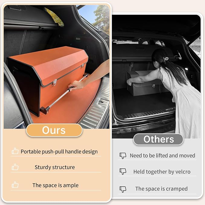 Car Trunk Organizer Leather Car Storage Organizer with Lid Car Organizer | Suv Trunk Organizer with Sturdy Handle Car Cargo Storage Box for Minivan, Sedan, Jeep (Orange, 27 x 11.4 x 12.2in)