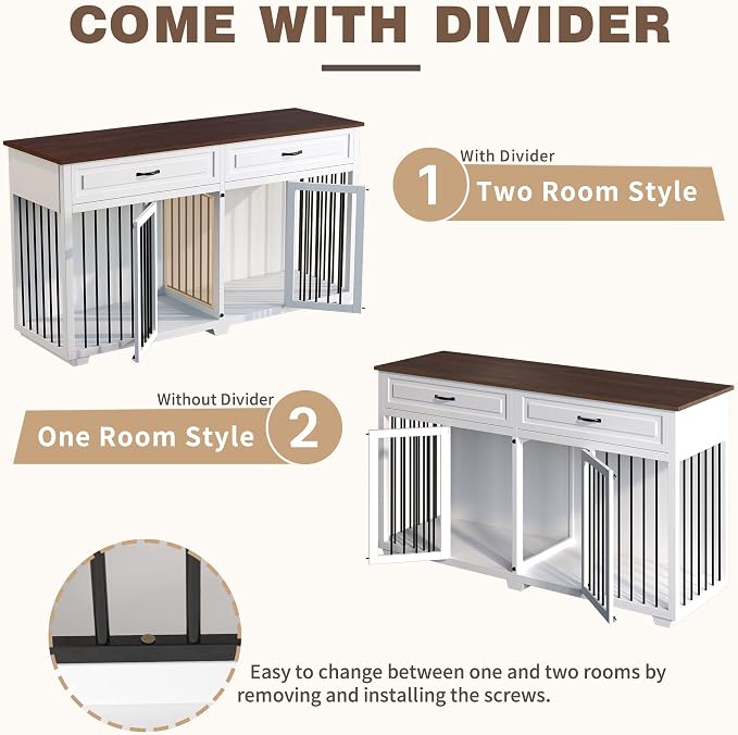 Large Dog Crate Furniture, 72.4" Wooden Dog Crate Kennel with 2 Drawers and Divider, XXL Heavy Duty Dog Crates Cage Furniture for Large Dog or 2 Medium Dogs Indoor, White
