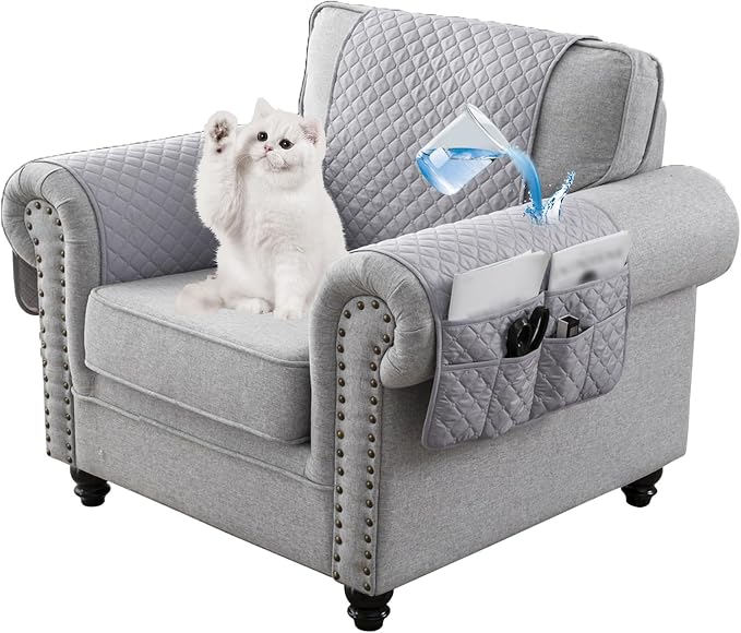 Water-Resistant Sofa Armrest and Headrest Covers with Side Pocket | Keep remotes close quilted polyester helps guard against wear, pet scratches, and kids' messes silicone backing adds grip