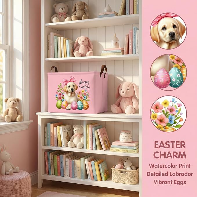 Large Cute Easter Basket for Kid Empty Gift Baby Rectangle Storage Bin Bunny Eggs Boy＆Girl Room Décor (Pink Dog)