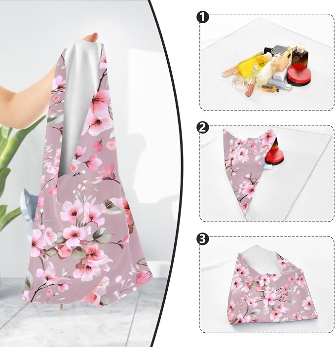 JIPONI Roamntic Peach Blossom Makeup Bag, Self-Adhesive Magic Wrap Cloth, Portable Cosmetic Organizer, Camera Lens Protector, Travel Storage for Beauty Essentials, 21.7"x21.7"