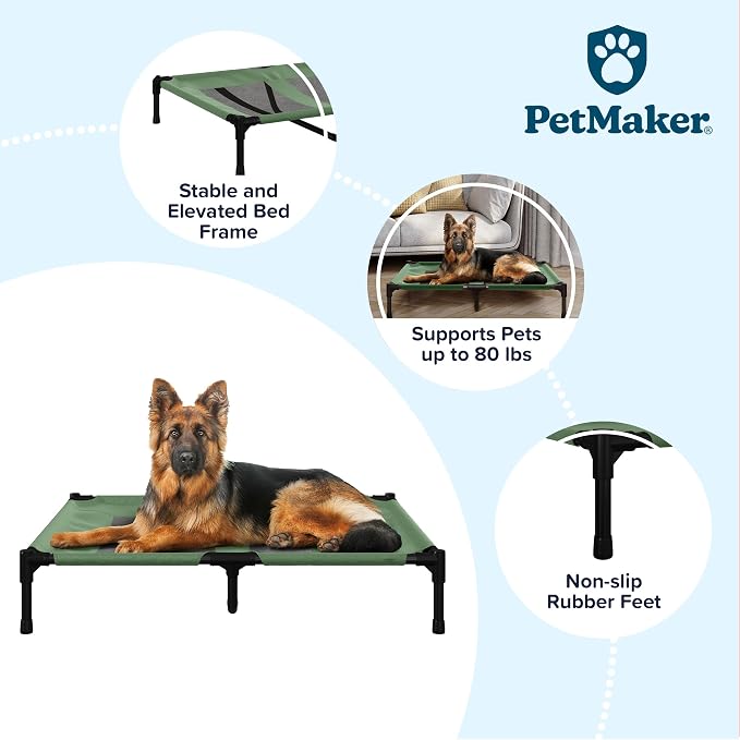 Elevated Dog Bed – 36x29.75 Portable Bed for Pets with Non-Slip Feet – Indoor/Outdoor Dog Cot or Puppy Bed for Pets up to 80lbs by Petmaker (Green)