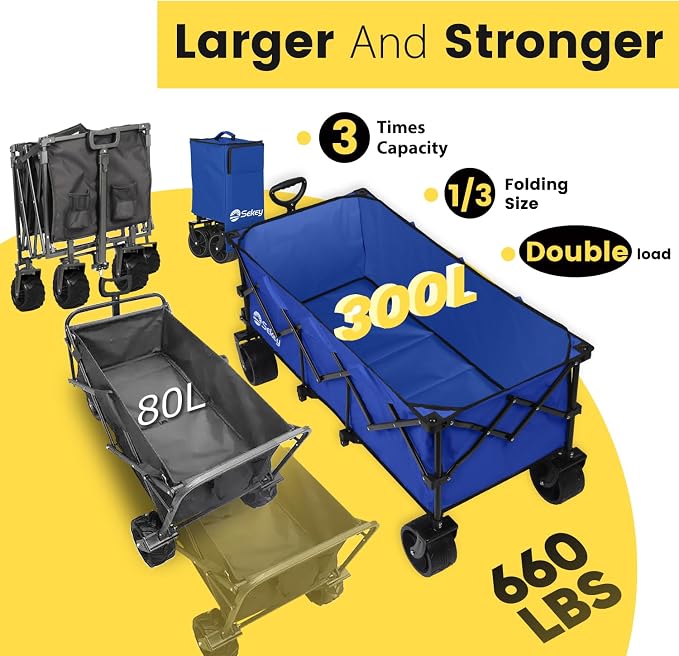 Sekey Extended Collapsible Foldable Wagon with 660lbs Weight Capacity, Heavy Duty Folding Utility Garden Cart with Big All-Terrain Beach Wheels & Drink Holders. Royal Blue
