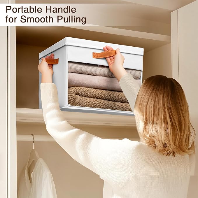 Large Storage Bins with Lids - 4 Pack Foldable Decorative Organizers with Clear Windows & Handles, Cube Storage Organizers for Clothes, Blankets, Sweaters, Sheets, White