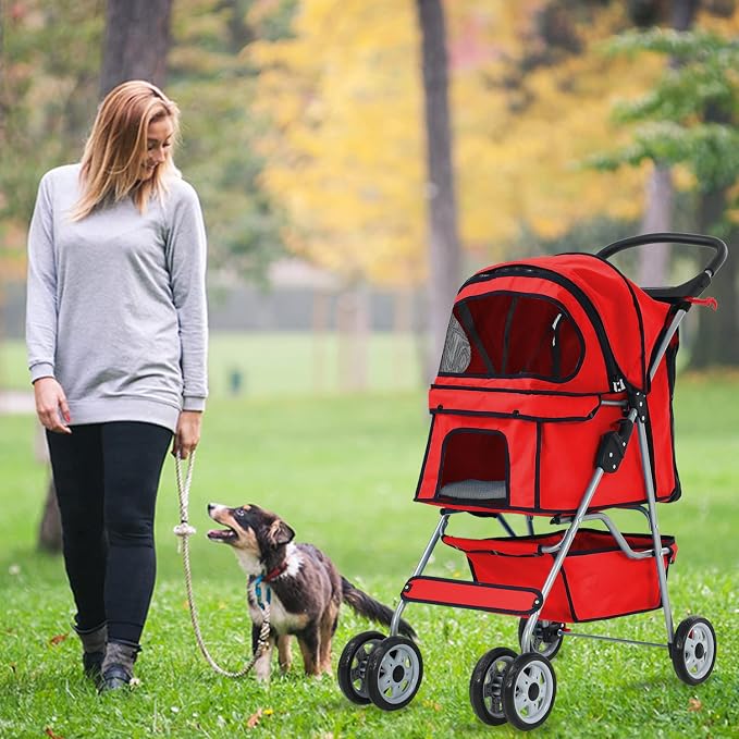 4 Wheels Pet Stroller, Ideal for Small to Medium Pets. Features a Folding Design, Waterproof Construction, Cup Holder, and Removable Liner. Perfect for Jogging or Traveling with Your Pets (Red)