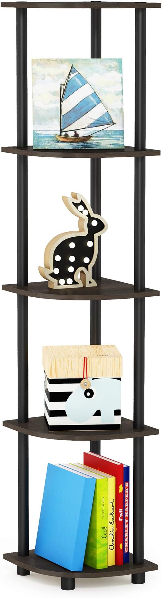 Furinno TURN-N-TUBE Corner Shelf, 5-Tier Corner Bookshelf, Open Storage Shelves, for Organization and Storage, Living Room, Home Office, Garage, Bedroom, Dark Brown Grain