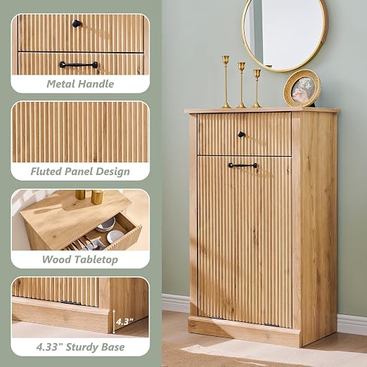 IFGET Tilt-Out Trash Can Cabinet, Fluted Laundry Hamper Cabinet,Natural Oak