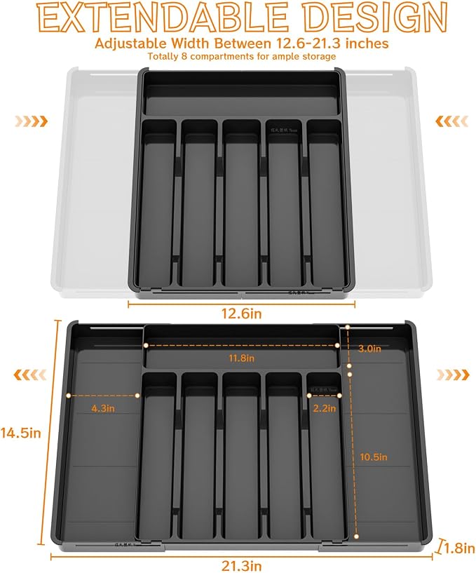 Black Expandable Silverware Drawer Organizer - Adjust From 11'' to 22'' - Knife,Cutlery,Spoons and Forks Organizer,Large 8 Grid Flatware,Silverware Tray,Utensil Organizer for Kitchen Drawers