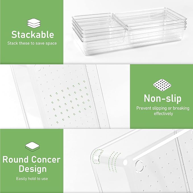 6 PCS Clear Plastic Drawer Organizer, Large 15" X 6" 3-Size Acrylic Stackable Kitchen Drawer Storage Tray, Bathroom Drawer Organizer Trays, Storage bins for Cosmetics Bathroom Kitchen Office