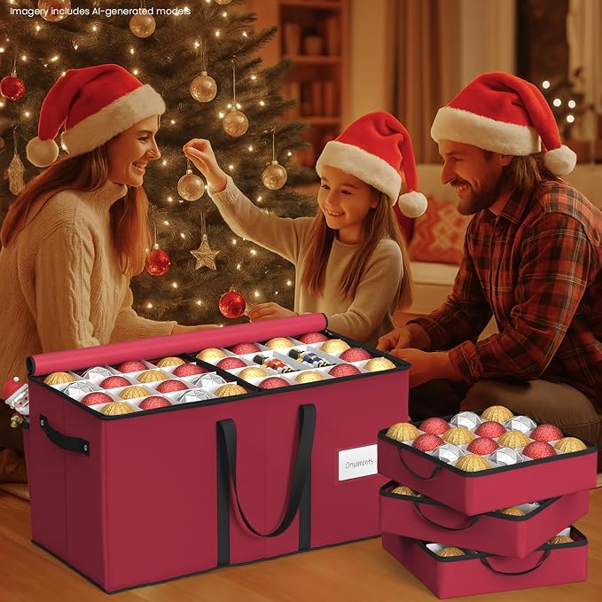 Sunvigor Christmas Ornament Storage Box with 8 Trays, Fits 128 Holiday Ornament Christmas Storage Container with Adjustable Dividers, Dual Zippers, 600D Oxford Christmas Decorations Storage(Rose Red)