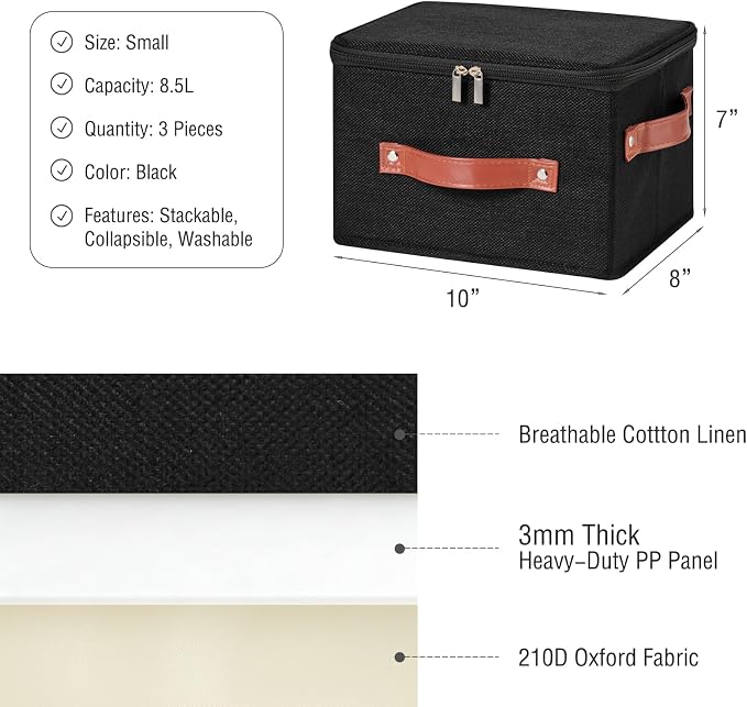 3PCS Storage Bins Boxes with Zippered Lid Decorative Baskets | Cotton Linen Fabric, Washable Foldable Stackable Clothes Container, Closet Shelf Organizer w/ PU Leather Handles, Black-Small