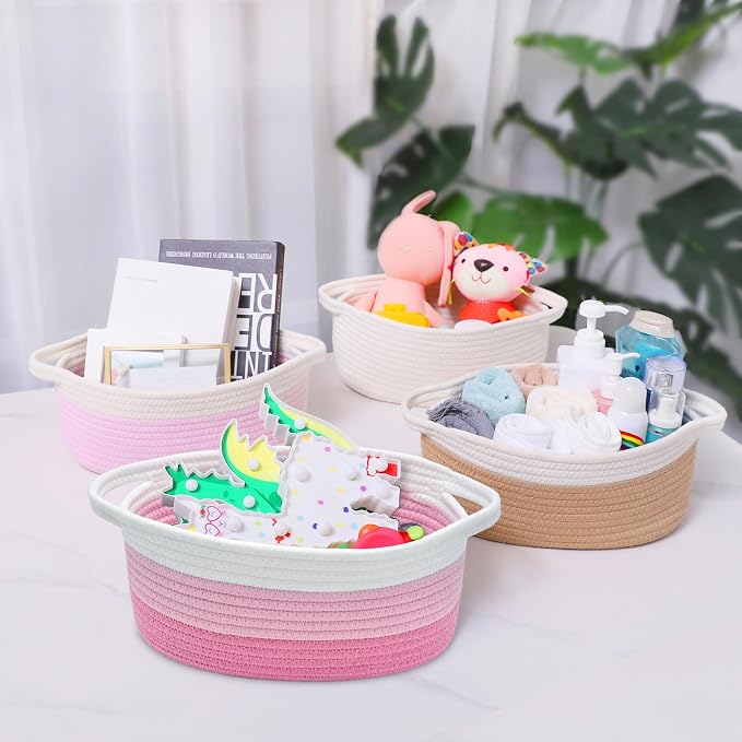 ABenkle Small Basket with Handles, Boho Decorative Rope Woven Dog Cat Toy Storage Bin Shelf Storage Organizer, Easter Christmas Gift Basket, 12"x8"x5"