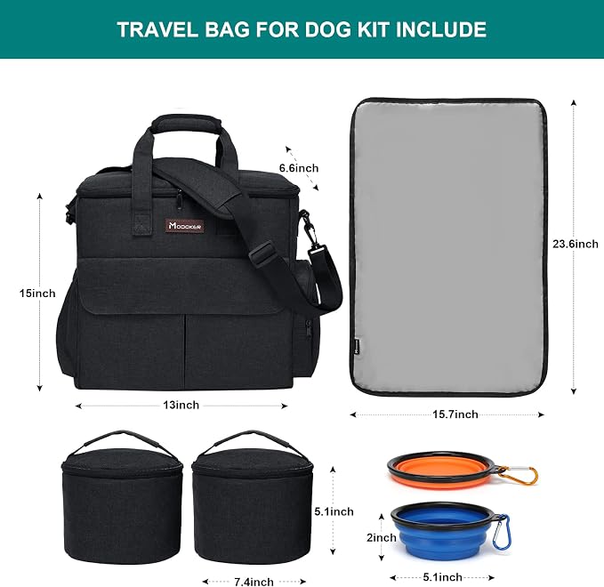 Modoker Weekend Dog Travel Bag Set with 2 Food Bags, 2 Bowls and Mat, Black | Dog Travel Accessories Organizer for Camping and Road Trips with Roomy Storage, Multiple Pockets and Water-Resistant Oxford