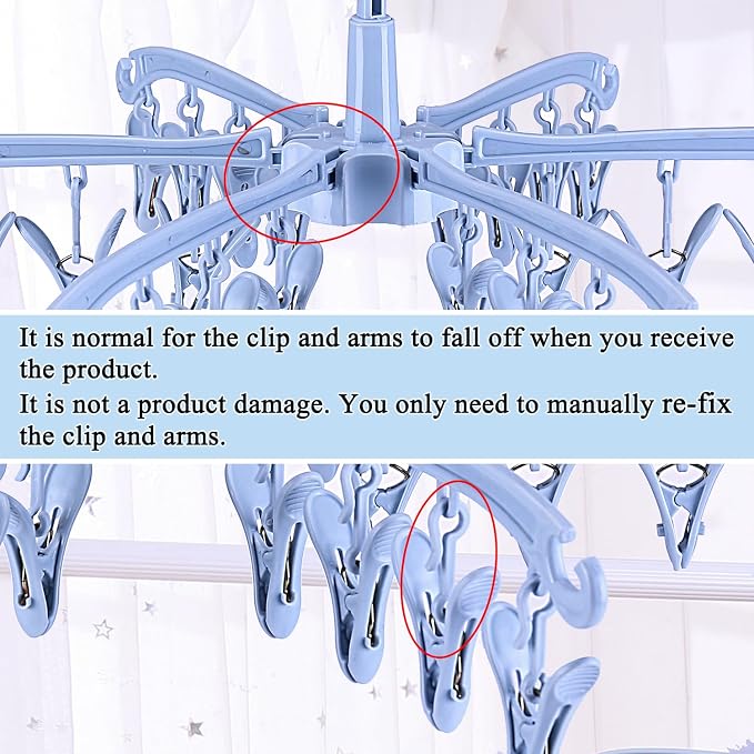 Clothes Sock Drying Hanger with 24 Clips,Foldable Hanging Rack | for Drying Socks Lingerie Baby Clothes Drying Towels Rotatable Sock Drying Rack with 24 Pegs Clips(blue)