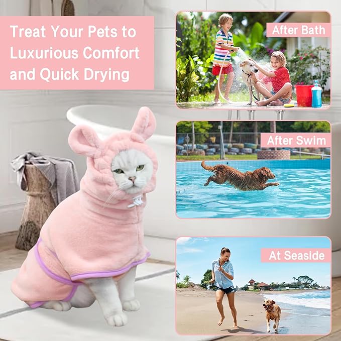 Pet Bathrobe for Dog Cat Absorbently Quick Drying Coat Cute Dogs Bath Towel Hooded Robe Adjustable Collar & Belly Strap for Pool Beach (Pink, Large)