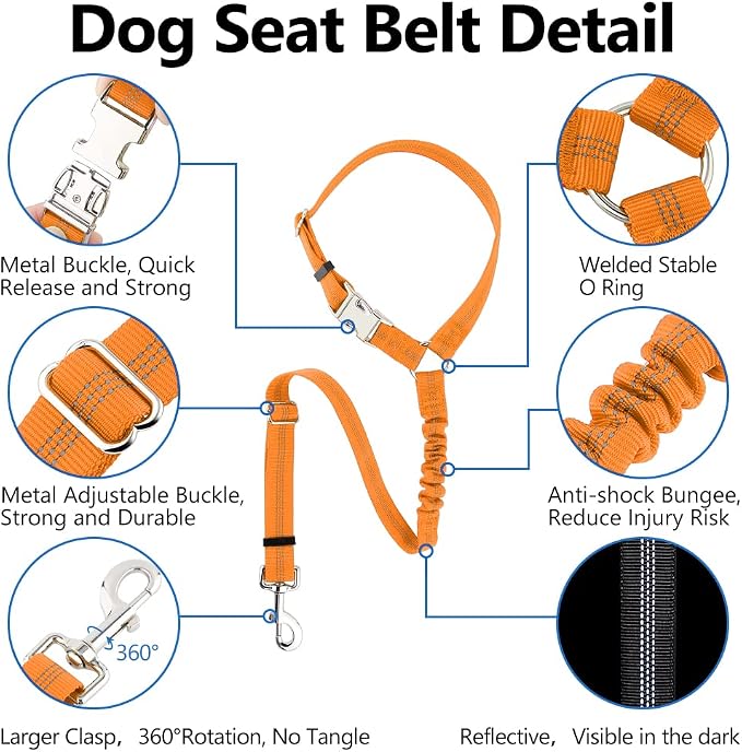 Plutus Pet Dog Seat Belt for Car Headrest, Reflective with Elastic Bungee | Adjustable Restraint for Safety, Vehicle Seatbelt Harness for Small Medium Large Dogs and Cats, Orange