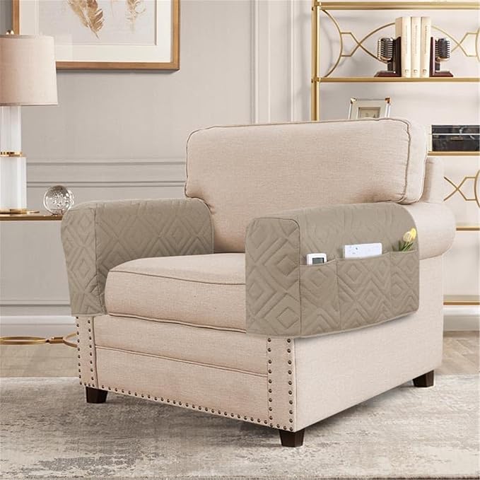 2Pcs Armrest Chair Covers for Sofa Waterproof Couch Arm Covers Armchair Covers for Arms Sofa Arm Covers Sofa Armrest Organizer for Magazine,Tablet,Phone (Khaki)