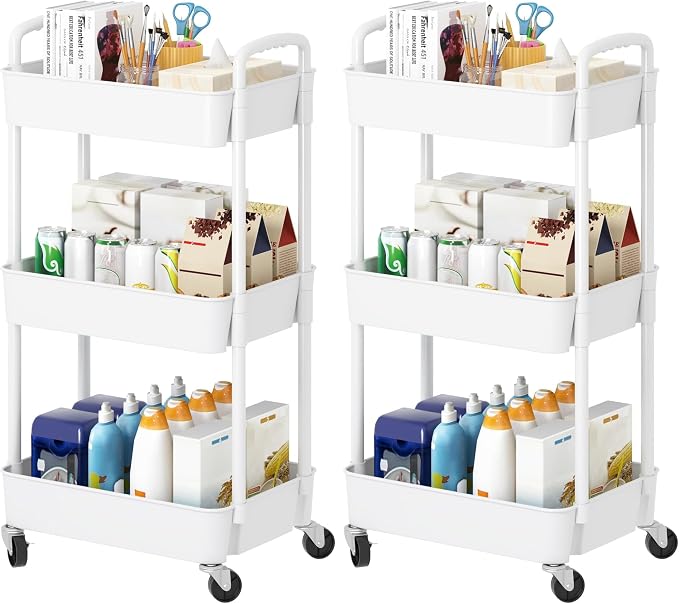 Laiensia 3-Tier Rolling Cart with Wheels,Multifunction Utility Storage Carts, Kitchen Storage Organizer,Mobile Shelving Unit for Bathroom,Laundry,with Classified Stickers,White (Pack of 2)