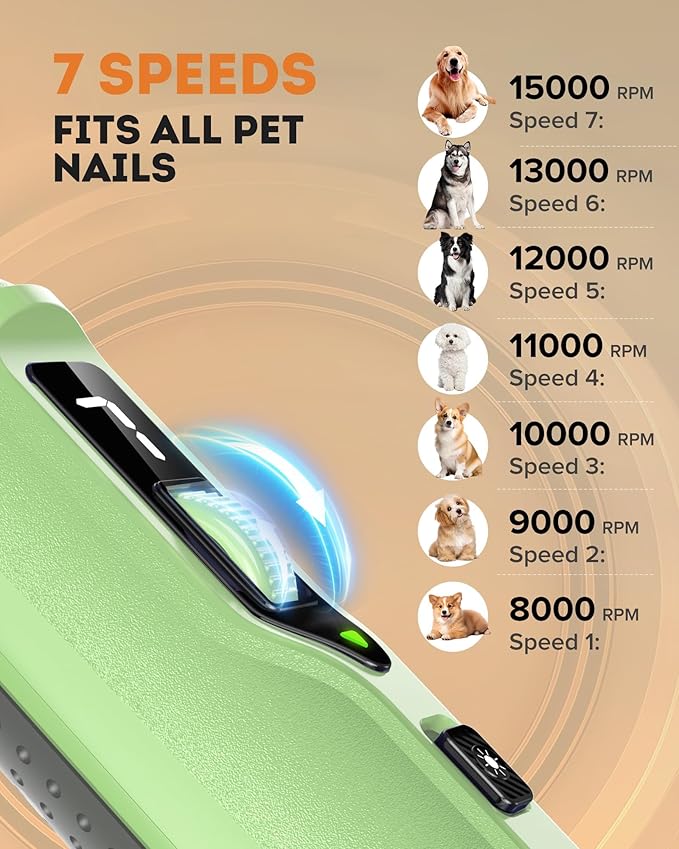YABIFE 7-Speed Dog Nail Grinder with LED Light – Ultra Quiet Electric Pet Nail Trimmer for Large Dogs & Cats – Professional Grooming Tool with Dust Collector, One-Hand Speed Control (Light Green)