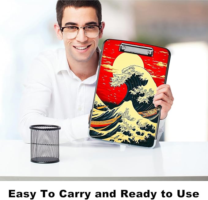 Red Sky Waves A4 Clipboard with Storage Pen Holder, Clipboards Organizer Nursing Clipboard Foldable File Folder Plastic Clipboard Folio Clip Board for Office Students Classroom Doctor