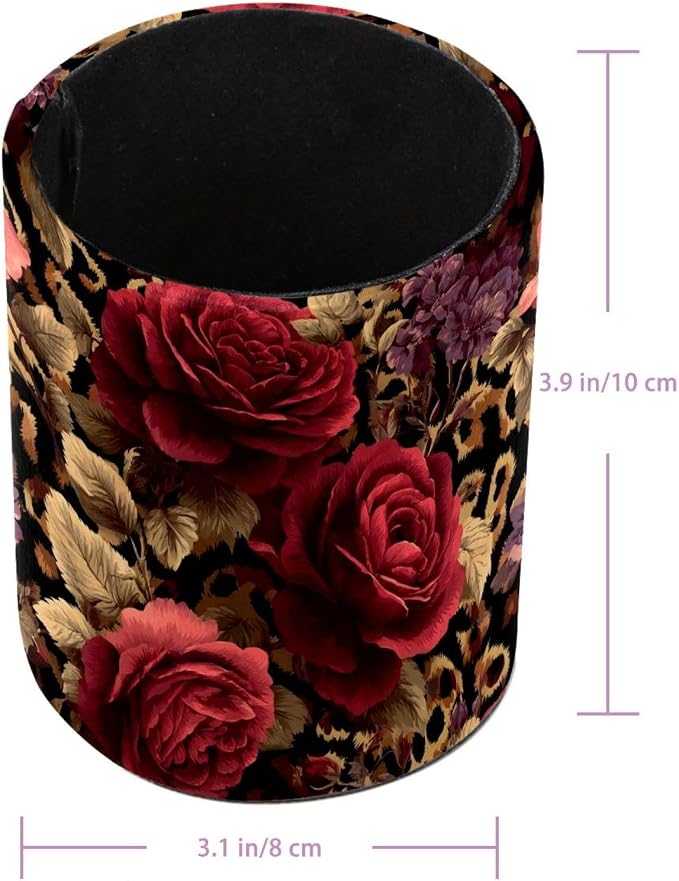 Faux Leather Pen Holder for Desk, Pencil Organizer Leopard Print and Roses Pen Cup Desk Decor Makeup Brush Holder Storage for Office Home